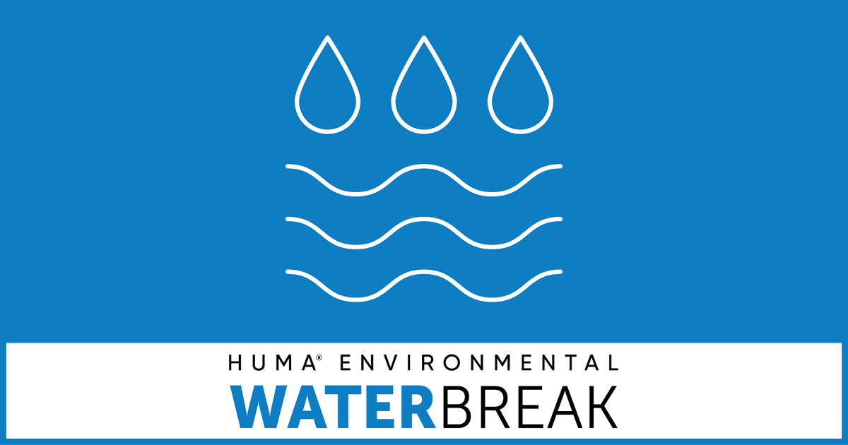 The official logo of the Water Break Podcast featuring a blue background, three drops of water and three waves below it.
