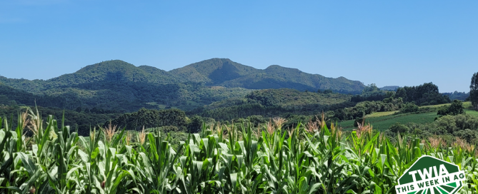 A beautiful picture of a farm with mountains in the backdrop.